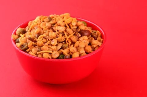 Indian Snacks : Mixture (roasted nuts with salt pepper masala, pulses, channa Stock Photos