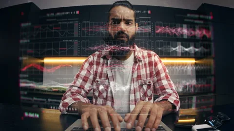 Indian software developer typing on holographic screen computer, engineering Stock Footage 329506681