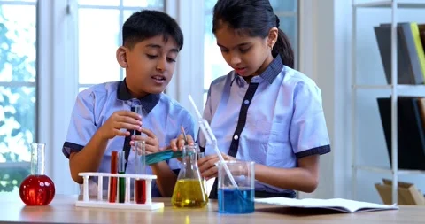 Indian Students in Conduct Chemistry Lab Experiments with Test Tubes Chemical Stock Footage 342848984