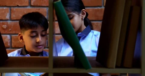 Indian Students in school uniforms browse and search for books in a library Stock Footage 342851021