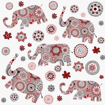 Indian style background with patterned elephants and flowers Stock Illustration