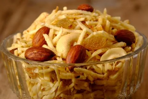 Indian style deep fried snacks falahari chivda- chivda or mixture namkeen wit Stock Photos