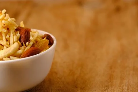Indian style deep fried snacks falahari chivda- chivda or mixture namkeen wit Stock Photos