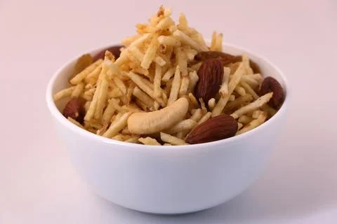 Indian style deep fried snacks falahari chivda- chivda or mixture namkeen wit Stock Photos
