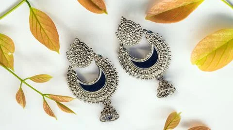Indian Style Ear Stud Silver Jimikki with Mirror Patch Stock Photos