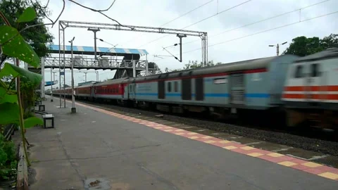 Indian Superfast Rajdhani Express Train Speeding at Scenic Railway Station India Stock Footage 133585849