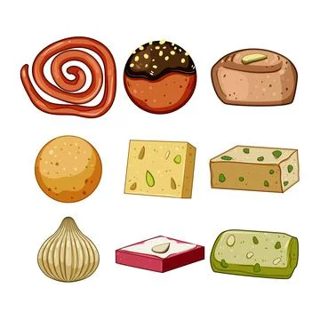 Indian sweets collection on white background providing traditional dessert .. Stock Illustration