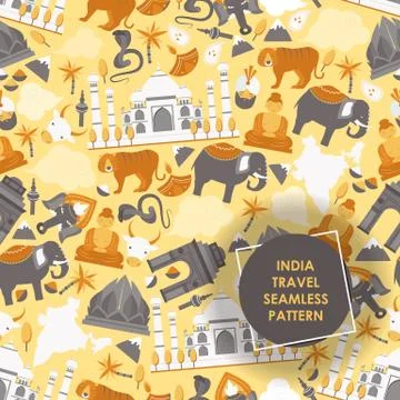 Indian symbols in seamless pattern, vector illustration. Popular travel 스톡 일러스트