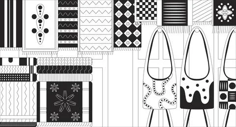 Indian textiles and totes displayed in local market black and white backdrop Stock-Illustration