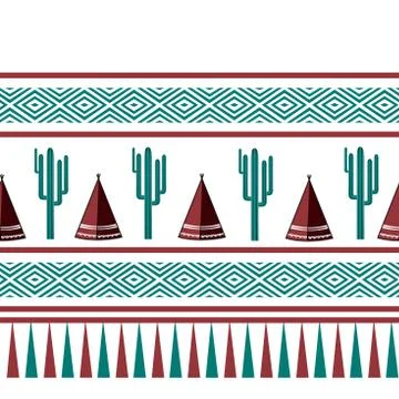 Indian tribal background. Simple flat wigwam, cactus, and ornament. Seamless Stock Illustration
