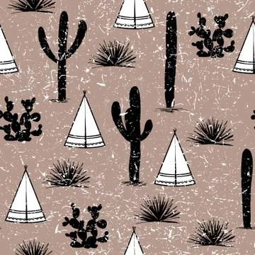Indian tribal background. Simple flat wigwam, cactus, and grass. Seamless pat Stock Illustration