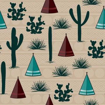 Indian tribal background. Simple flat wigwam, cactus, and grass. Seamless pat Stock Illustration