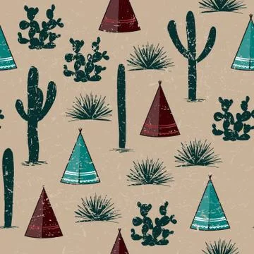Indian tribal background. Simple flat wigwam, cactus, and grass. Seamless pat Stock Illustration
