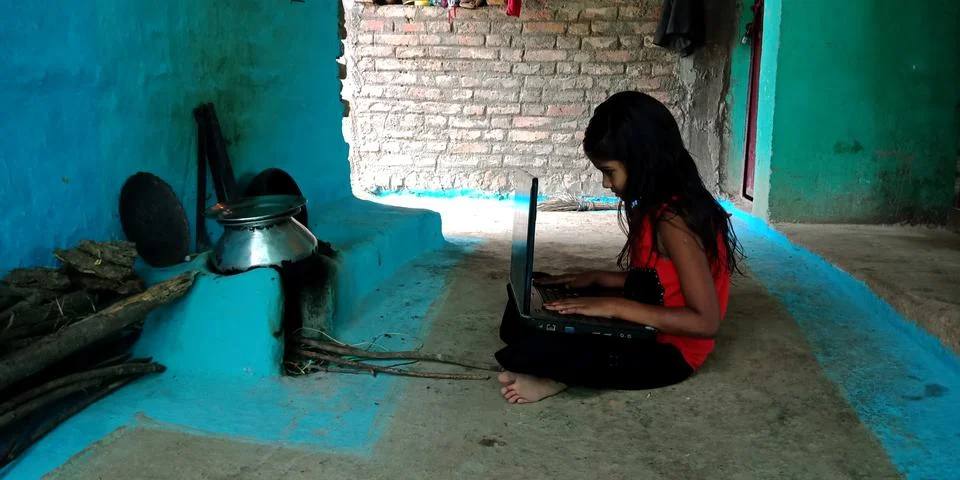 Indian villager computer educational program for modern era. Foto stock