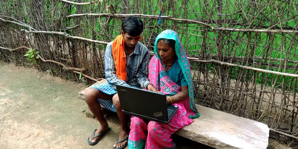 Indian villager computer educational program for modern era. 스톡 사진
