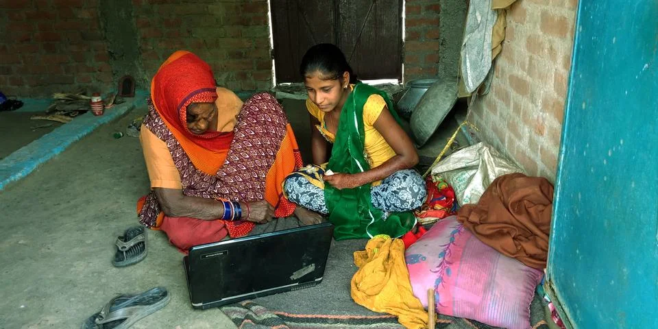 Indian villager computer educational program for modern era. Stock Photos