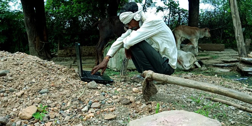 Indian villager technology learning program for digital awareness. Stock Photos