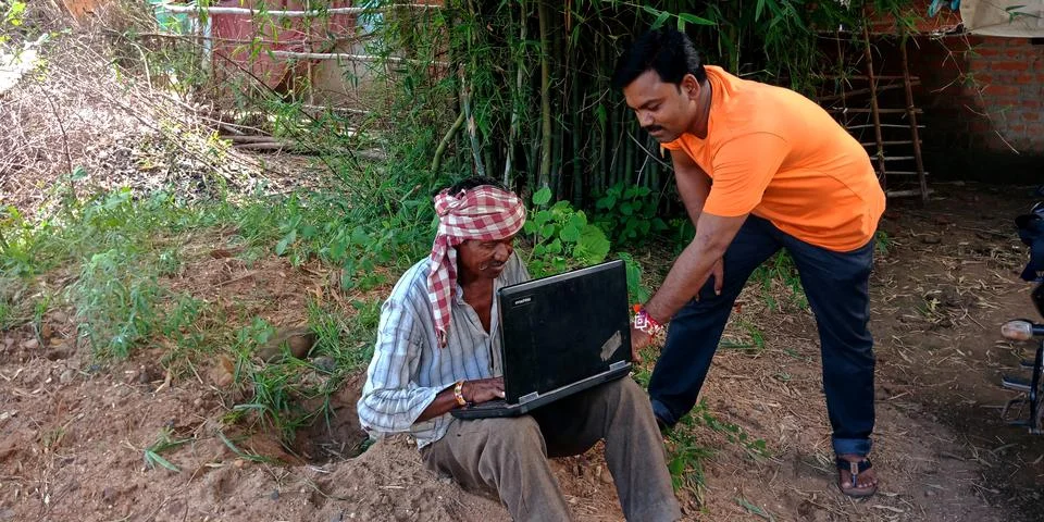 Indian villager technology learning program for digital awareness. Stock Photos