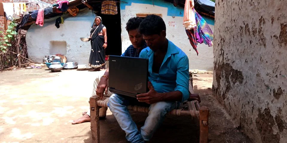 Indian villager technology learning program for digital awareness. Stock Photos