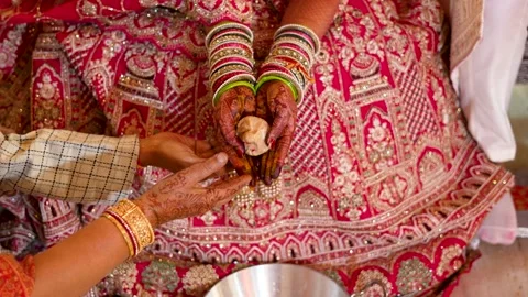 Indian Wedding Ritual with Bride and Groom Offering Stock Footage 341879903