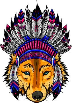 Indian wolf with feathers hat vector illustration Stock Illustration