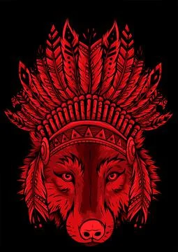 Indian wolf with feathers hat vector illustration Stock-Illustration