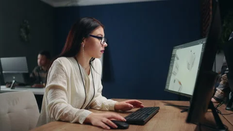 Indian woman 3D engineer creating draft of engine by modern CAD system in office 動画素材 233740780