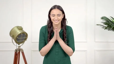 Indian woman greeting everybody at function 스톡 동영상 243365908