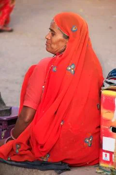 Indian woman sittingat the market, old town of bundi, india Stock Photos