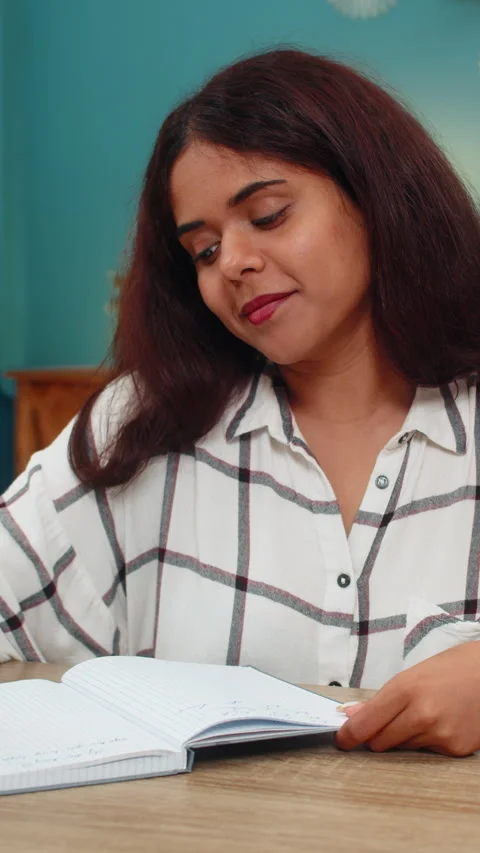 Indian woman writes notes in notebook then rereads careful study focused Stock Footage 316241245