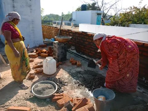 Indian workers on construction site. 스톡 사진