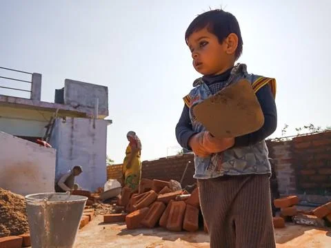 Indian workers on construction site. 스톡 사진