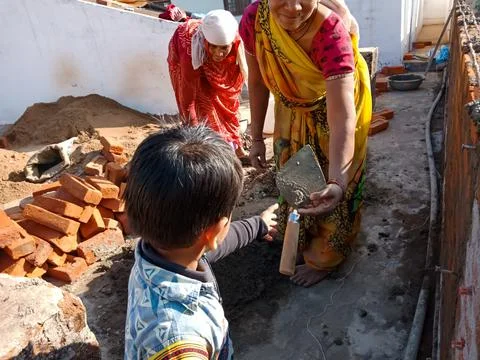 Indian workers on construction site. 스톡 사진