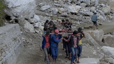 Indian workers &amp; labor at Kedarnath Stock Footage 123290171