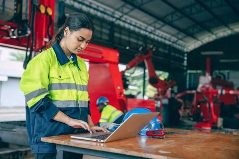 Indian young smart software engineer machine programmer woman working check.. Stock Photos
