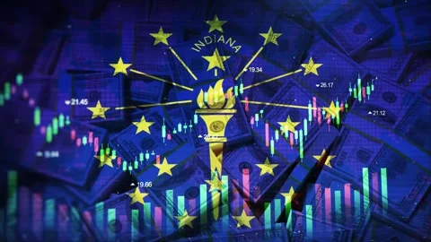 Indiana Flag on Economic Background With Decrease Bar Chart Graph And Arrow Stock Footage 320970826
