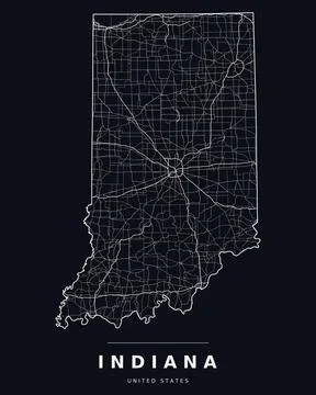 Indiana IN Map Counties Highways Roads Dark Mode Editable Vector Stock Illustration