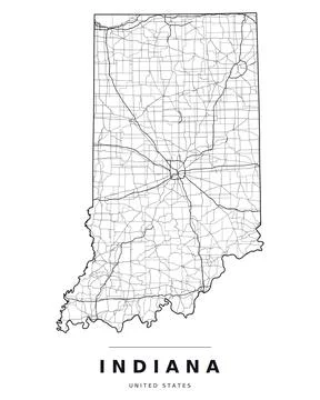 Indiana IN Map Counties Highways Roads Black White Editable Vector Stock Illustration