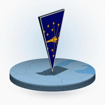 Indiana map in round isometric style with triangular 3D flag of US State In.. Stock Illustration