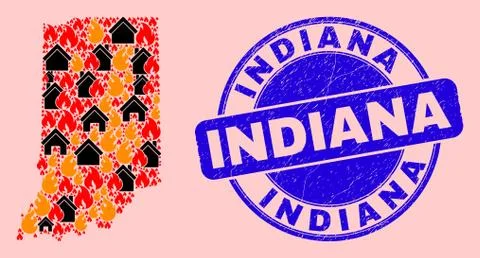 Indiana State Map Collage of Fire and Realty and Distress Indiana Seal Stamp Ilustração Stock