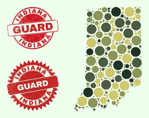 Indiana State Map Composition with Camo Military Circle Elements with Grunge 库存插图
