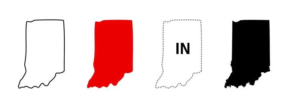 Indiana state map icon set. US state silhouette in outline, filled, dotted .. Stock Illustration