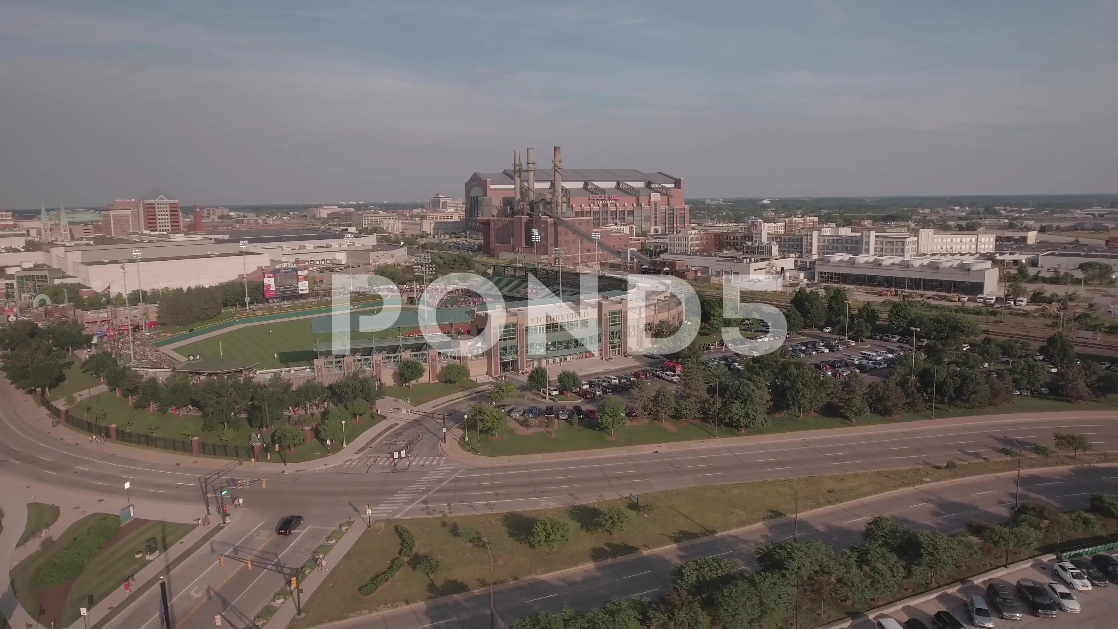 Aerial view of Indianapolis, Indiana, with a focus on Lucas Oil