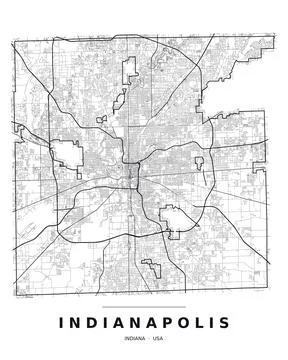 Indianapolis IN Street Map Road Network Highways Black White Editable Vector Stock Illustration