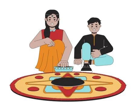 Indians siblings making rangoli 2D linear cartoon characters Stock Illustration