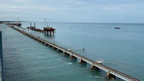India's first sea bridge, train coming on the dangerous bridge Stock Footage 164875439