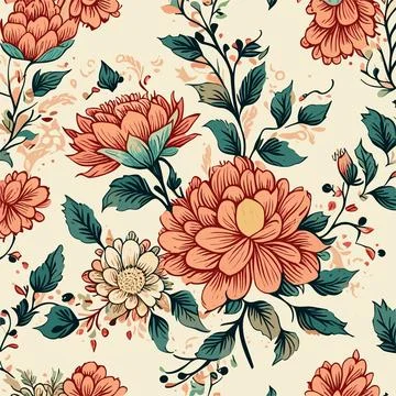India,Tiled,Pattern,Flowers,Vector,Background,Doodle,Greeting,Card,Graphic Stock Illustration