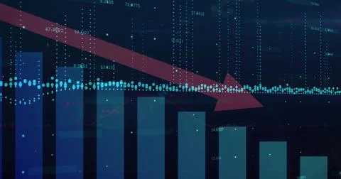Indicating negative trend red arrow slanting down on finance dashboard, with Illustrazione stock