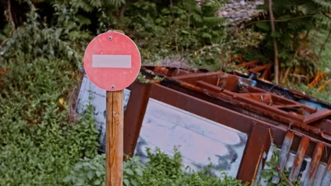 Indicator that limits access. In the back a massive rusting object. 4k video Stock Footage 160682595