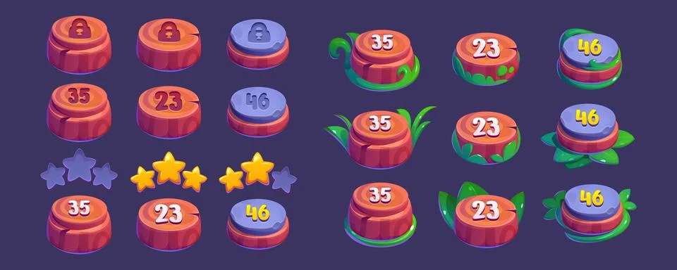 Indicators to select game level with star rating. Illustrazione stock